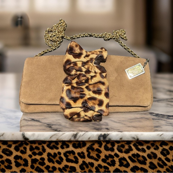 Dolce & Gabbana | Brown Suede and Leopard Calf Hair Clutch Crossbody w Chain - Picture 1 of 6